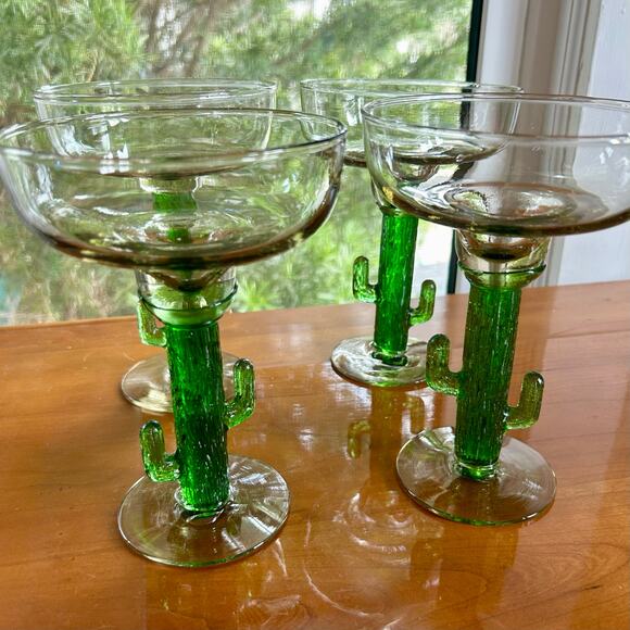 Set of 4 Vintage Green Cactus Stem Margarita Glasses – 7” - Picture 8 of 15